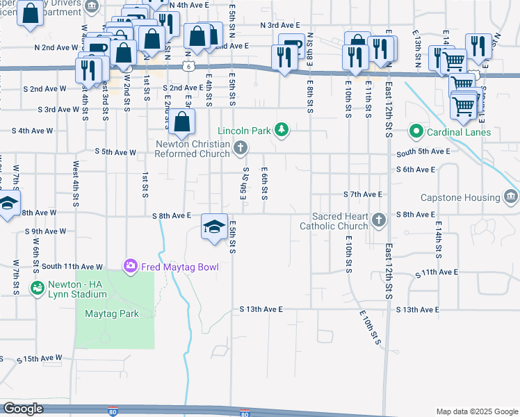 map of restaurants, bars, coffee shops, grocery stores, and more near 723 East 6th Street South in Newton