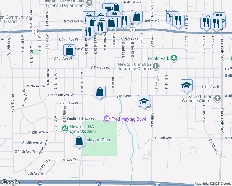 map of restaurants, bars, coffee shops, grocery stores, and more near 101 South 8th Avenue West in Newton