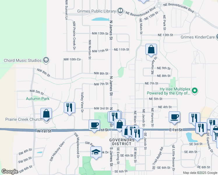 map of restaurants, bars, coffee shops, grocery stores, and more near 600 North James Street in Grimes