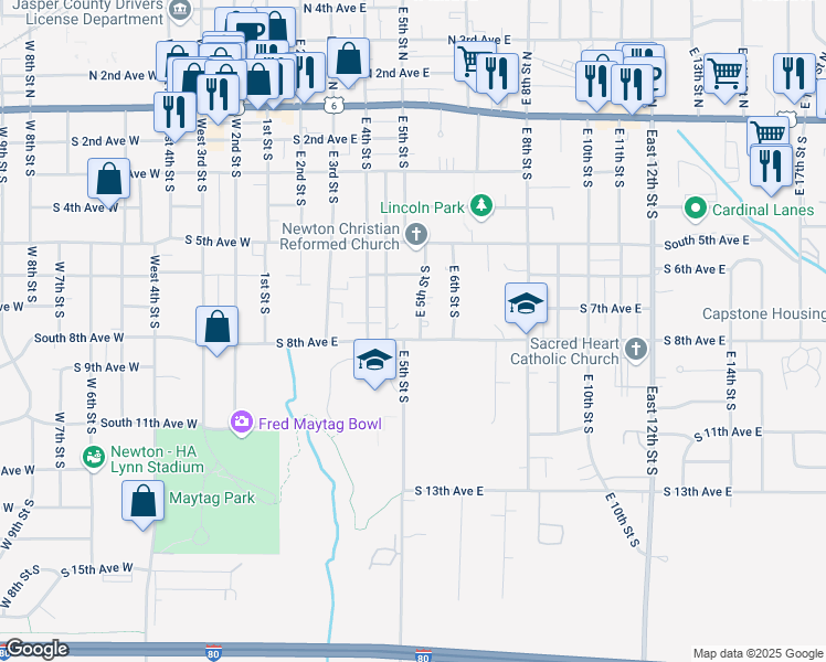 map of restaurants, bars, coffee shops, grocery stores, and more near 430 South 8th Avenue East in Newton