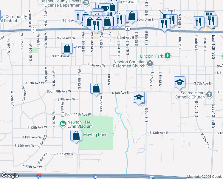 map of restaurants, bars, coffee shops, grocery stores, and more near 101 South 8th Avenue West in Newton