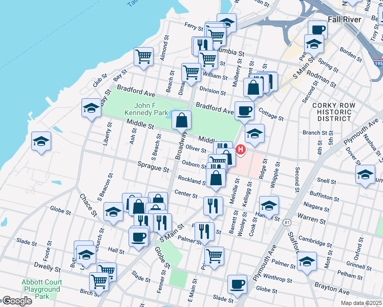 map of restaurants, bars, coffee shops, grocery stores, and more near 22 Day Street in Fall River