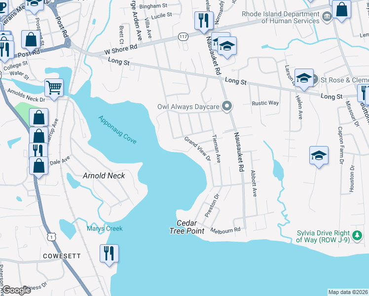 map of restaurants, bars, coffee shops, grocery stores, and more near 188 Edgewater Drive in Warwick