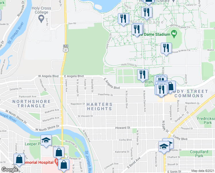 map of restaurants, bars, coffee shops, grocery stores, and more near 504 East Pokagon Street in South Bend