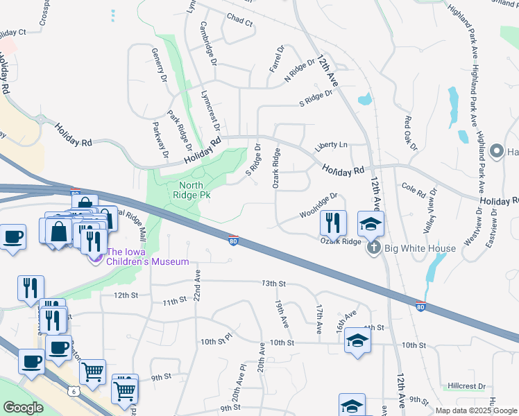 map of restaurants, bars, coffee shops, grocery stores, and more near 2022 Stratford Court in Coralville
