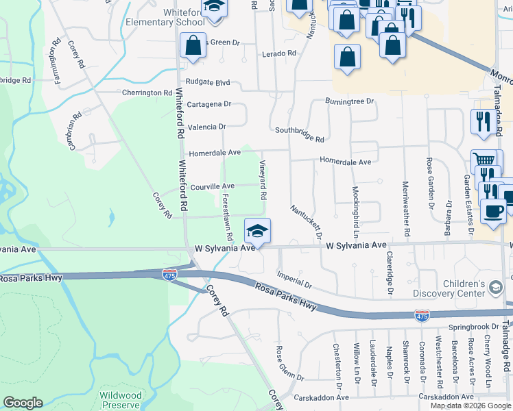 map of restaurants, bars, coffee shops, grocery stores, and more near 4855 Rolandale Avenue in Toledo
