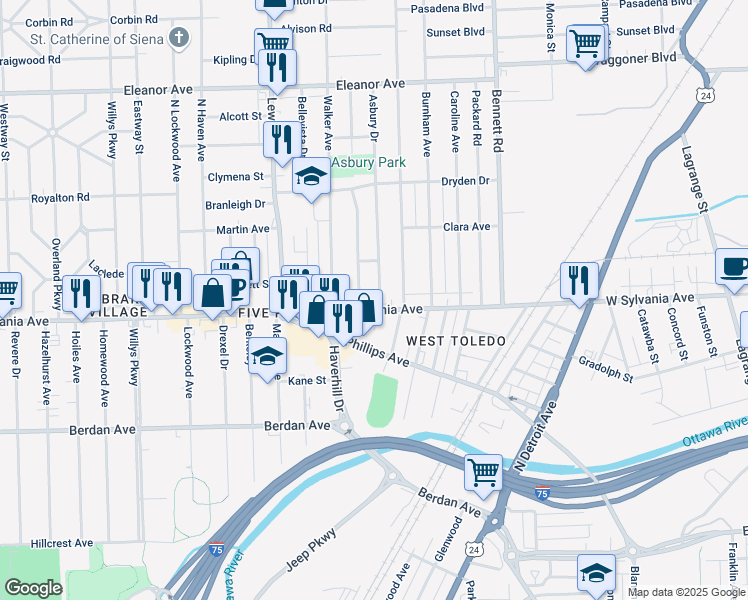 map of restaurants, bars, coffee shops, grocery stores, and more near 747 West Sylvania Avenue in Toledo