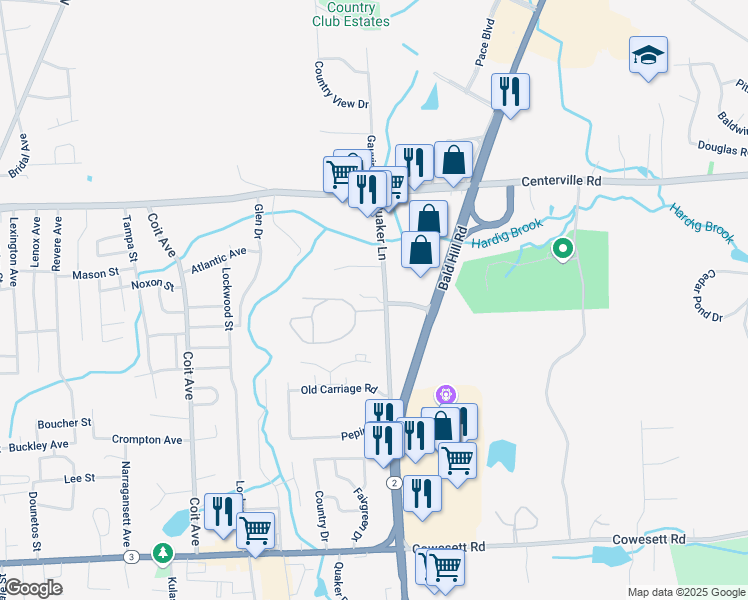 map of restaurants, bars, coffee shops, grocery stores, and more near 101 Quaker Lane in West Warwick