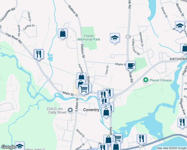 map of restaurants, bars, coffee shops, grocery stores, and more near 40 Holden Street in Coventry