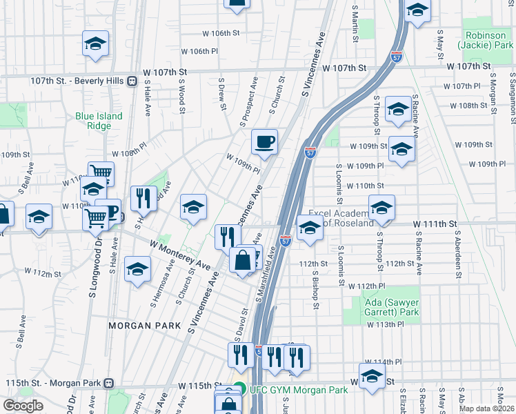map of restaurants, bars, coffee shops, grocery stores, and more near 11047 South Ashland Avenue in Chicago