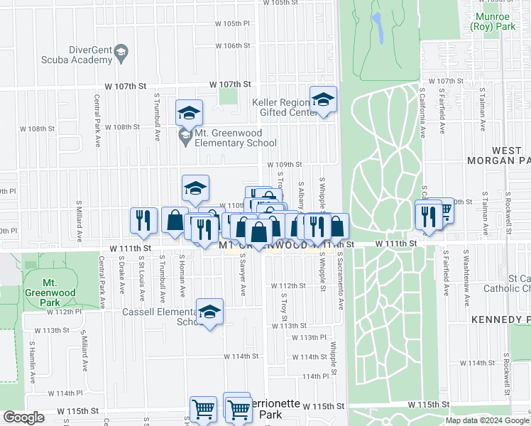 map of restaurants, bars, coffee shops, grocery stores, and more near 11009 South Kedzie Avenue in Chicago