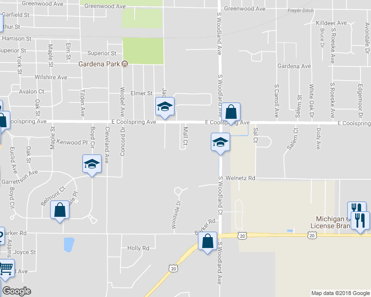 map of restaurants, bars, coffee shops, grocery stores, and more near 3200 Mall Court in Michigan City