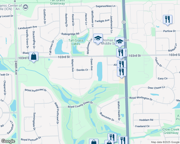 map of restaurants, bars, coffee shops, grocery stores, and more near 10412 Dawn Avenue in Naperville
