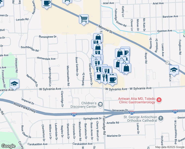 map of restaurants, bars, coffee shops, grocery stores, and more near 4102 Garden Estates Drive in Toledo