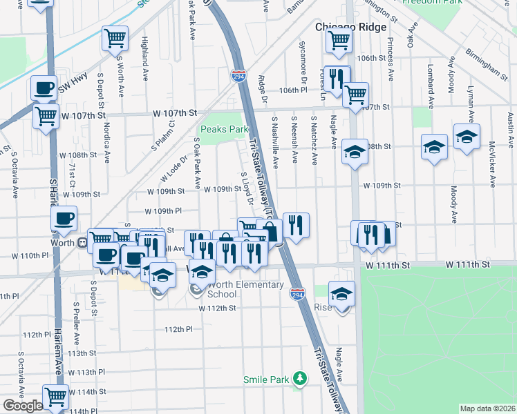 map of restaurants, bars, coffee shops, grocery stores, and more near 10917 South Lloyd Drive in Worth