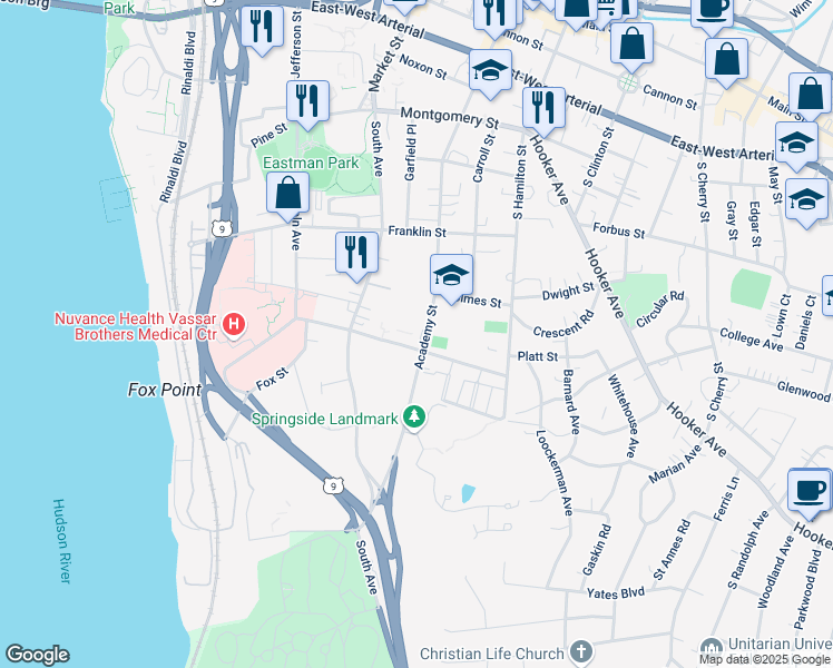 map of restaurants, bars, coffee shops, grocery stores, and more near 160 Academy Street in Poughkeepsie
