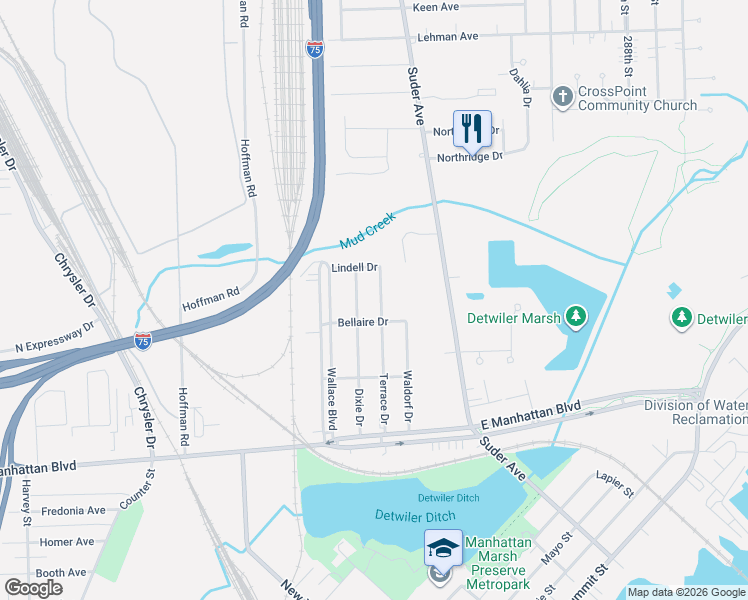 map of restaurants, bars, coffee shops, grocery stores, and more near 3249 Bellaire Drive in Toledo