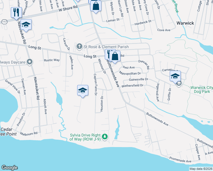 map of restaurants, bars, coffee shops, grocery stores, and more near 115 Claypool Drive in Warwick