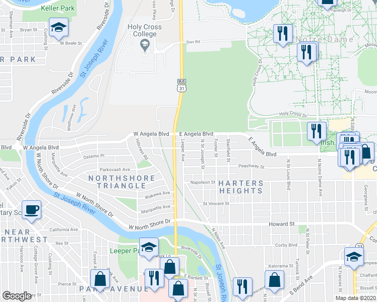 map of restaurants, bars, coffee shops, grocery stores, and more near 126 East Pokagon Street in South Bend