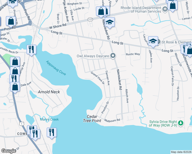 map of restaurants, bars, coffee shops, grocery stores, and more near 121 Grand View Drive in Warwick