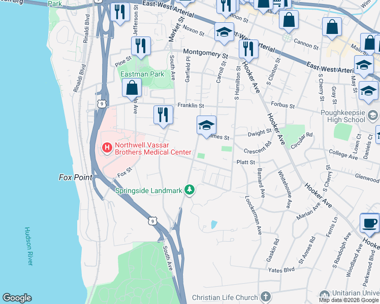 map of restaurants, bars, coffee shops, grocery stores, and more near 160 Academy Street in Poughkeepsie