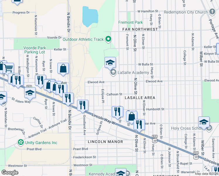 map of restaurants, bars, coffee shops, grocery stores, and more near 1301 North Kaley Street in South Bend