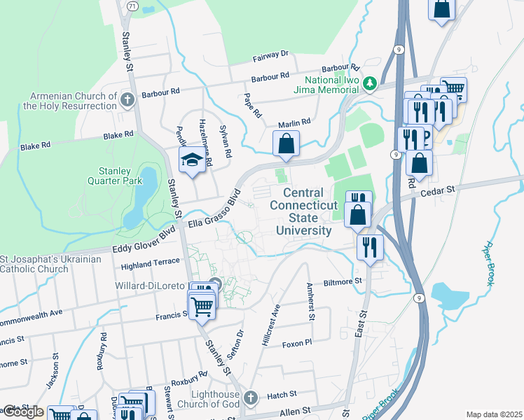 map of restaurants, bars, coffee shops, grocery stores, and more near 1615 Stanley Street in New Britain