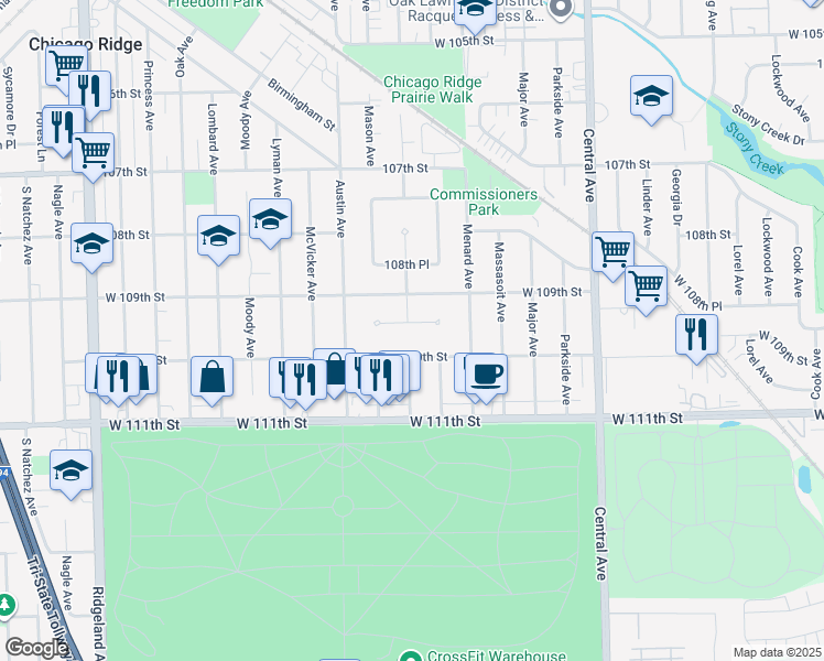 map of restaurants, bars, coffee shops, grocery stores, and more near 5843 109th Place in Chicago Ridge