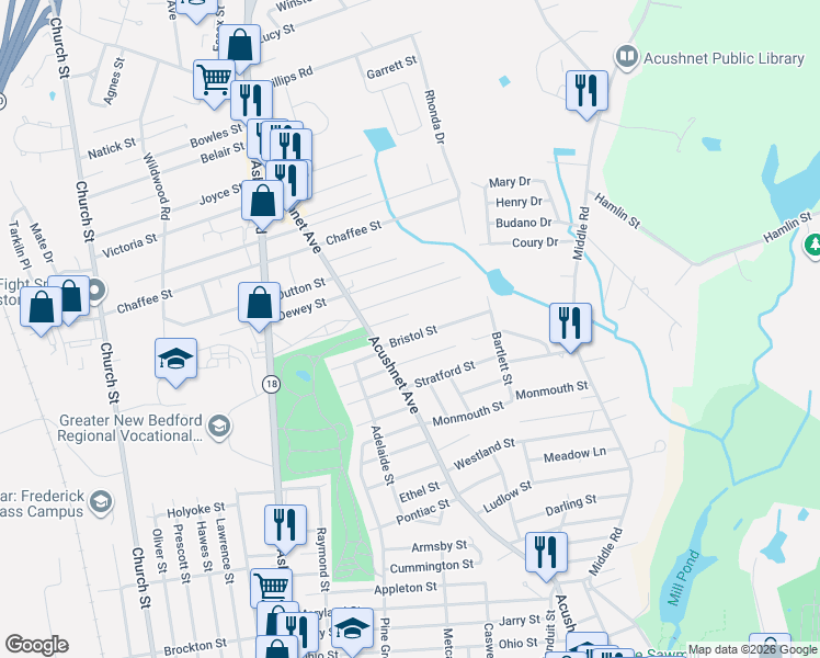map of restaurants, bars, coffee shops, grocery stores, and more near 958 Bristol Street in New Bedford