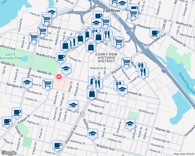 map of restaurants, bars, coffee shops, grocery stores, and more near 724 Plymouth Avenue in Fall River