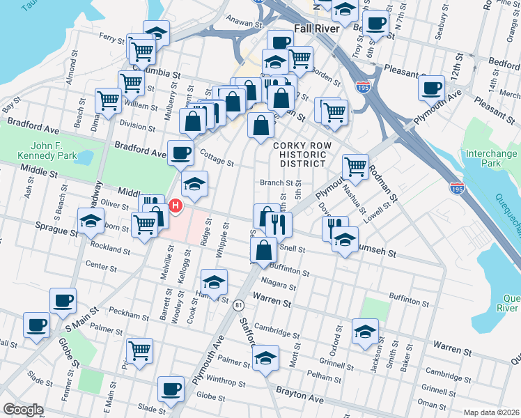 map of restaurants, bars, coffee shops, grocery stores, and more near 31 Lyon Street in Fall River