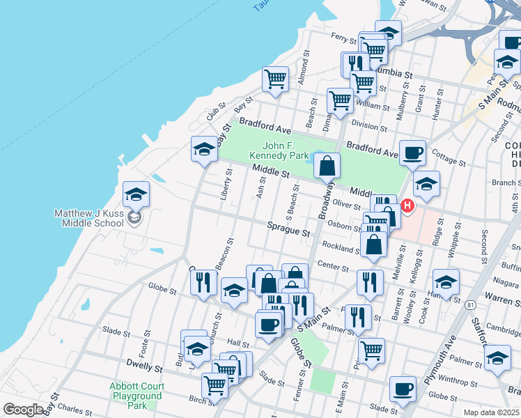 map of restaurants, bars, coffee shops, grocery stores, and more near 195 Sprague Street in Fall River