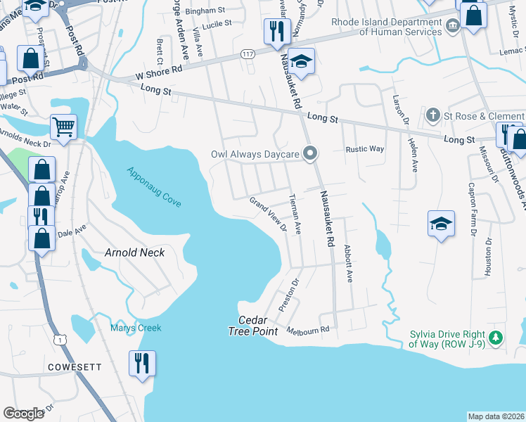 map of restaurants, bars, coffee shops, grocery stores, and more near 121 Grand View Drive in Warwick