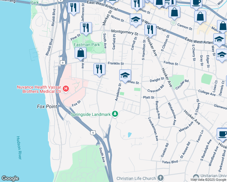 map of restaurants, bars, coffee shops, grocery stores, and more near in Poughkeepsie