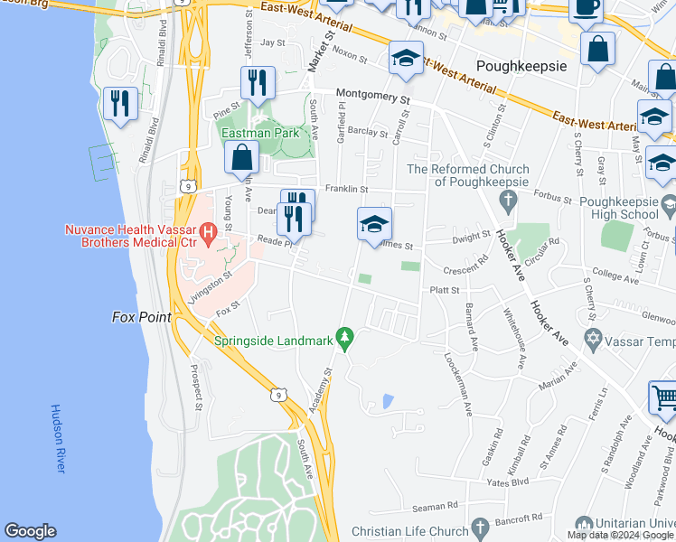 map of restaurants, bars, coffee shops, grocery stores, and more near in Poughkeepsie
