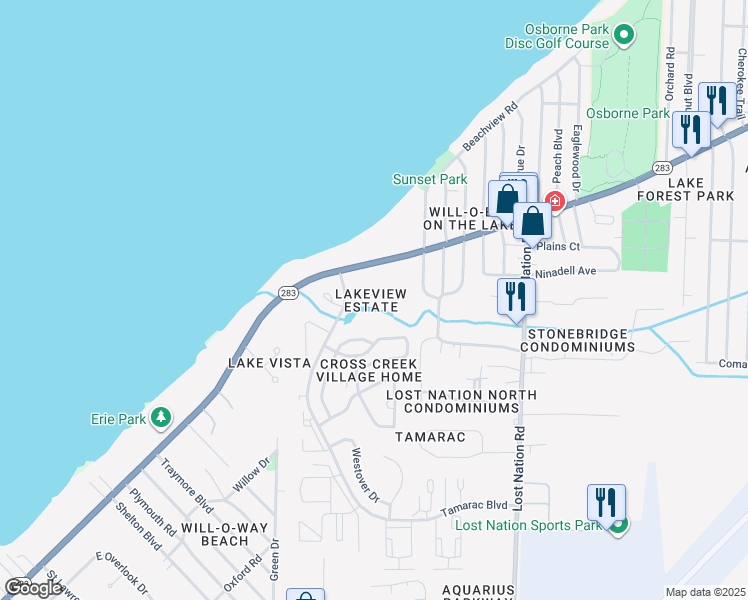 map of restaurants, bars, coffee shops, grocery stores, and more near 38147 North Brooks Drive in Willoughby