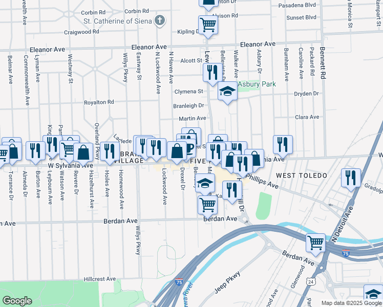 map of restaurants, bars, coffee shops, grocery stores, and more near 1029 West Sylvania Avenue in Toledo