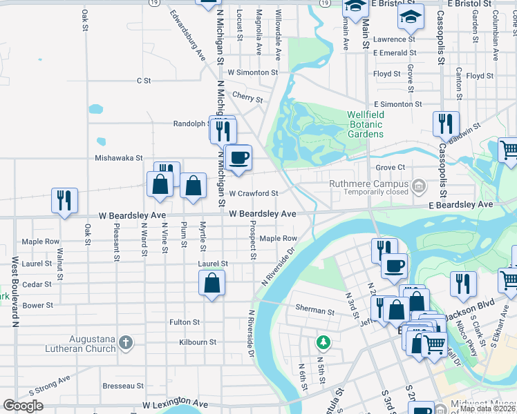 map of restaurants, bars, coffee shops, grocery stores, and more near 521 West Beardsley Avenue in Elkhart