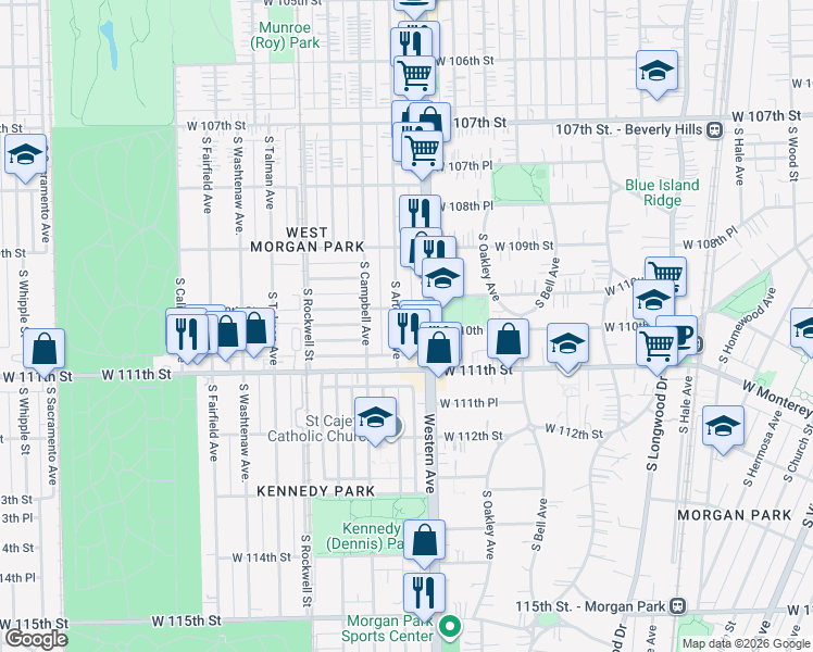 map of restaurants, bars, coffee shops, grocery stores, and more near 11021 South Artesian Avenue in Chicago