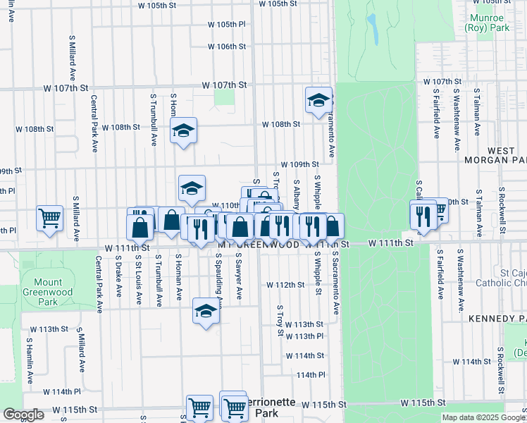 map of restaurants, bars, coffee shops, grocery stores, and more near 11031 South Kedzie Avenue in Chicago