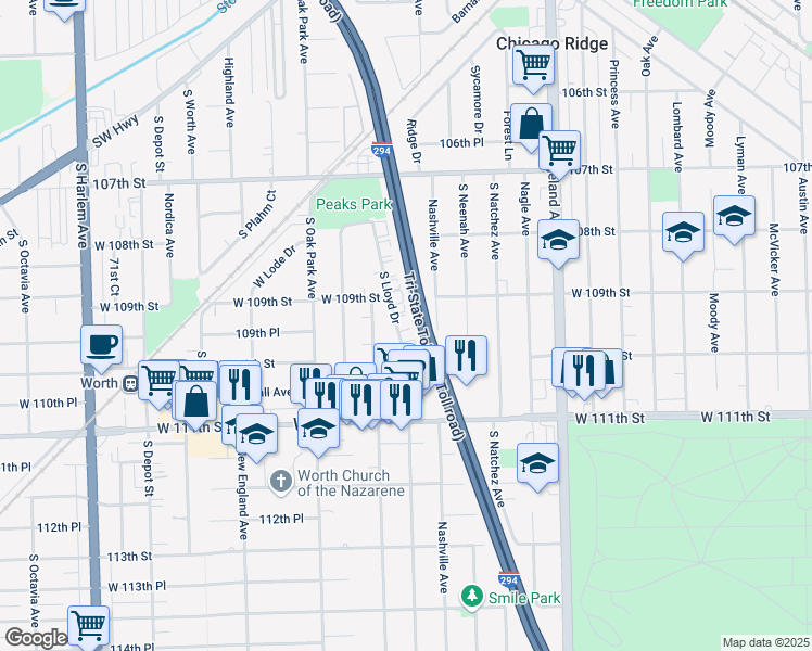 map of restaurants, bars, coffee shops, grocery stores, and more near 10935 South Lloyd Drive in Worth