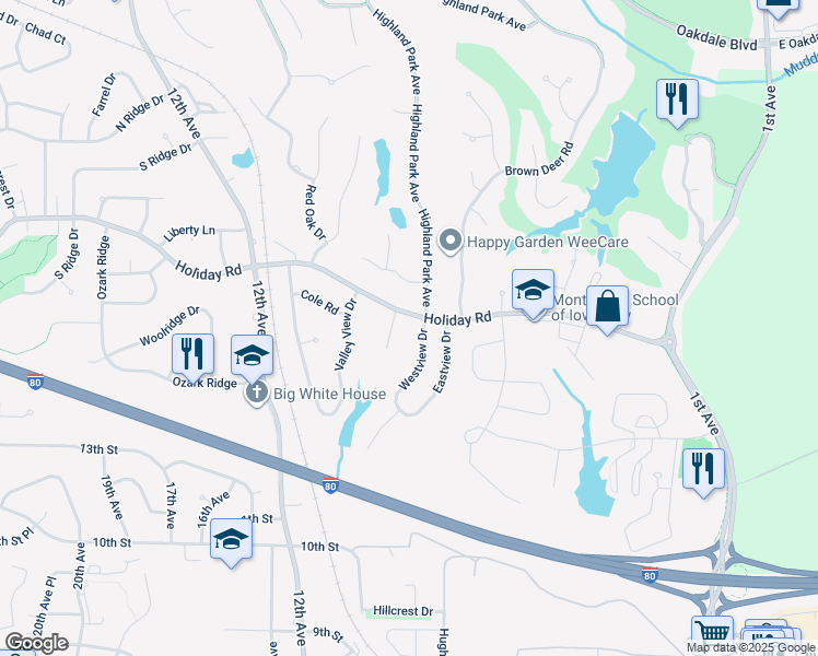 map of restaurants, bars, coffee shops, grocery stores, and more near 1466 Westview Drive in Coralville