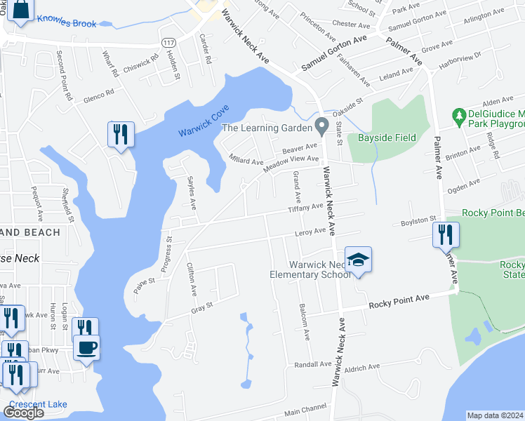 map of restaurants, bars, coffee shops, grocery stores, and more near 305 Tiffany Avenue in Warwick
