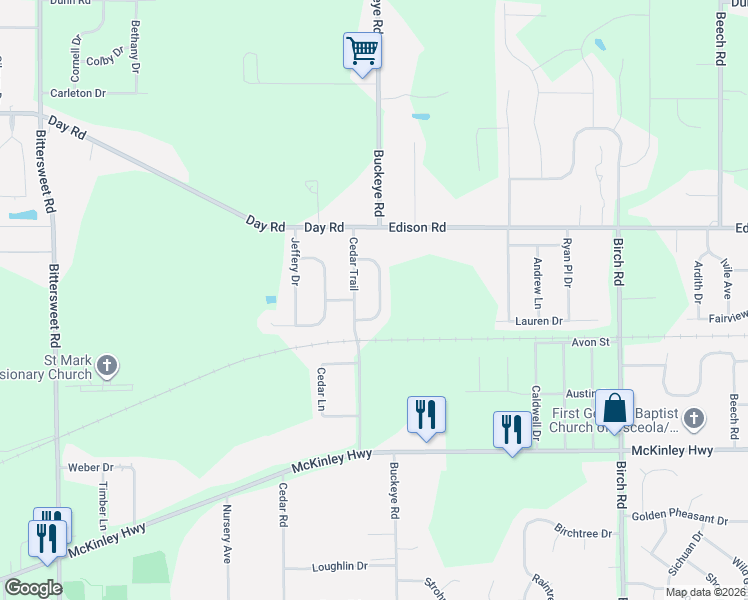 map of restaurants, bars, coffee shops, grocery stores, and more near 11700 Reek Road in Osceola
