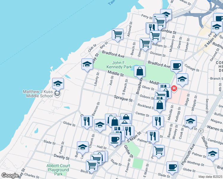 map of restaurants, bars, coffee shops, grocery stores, and more near 195 Sprague Street in Fall River