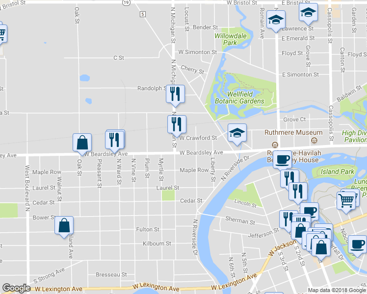 map of restaurants, bars, coffee shops, grocery stores, and more near 624 West Beardsley Avenue in Elkhart
