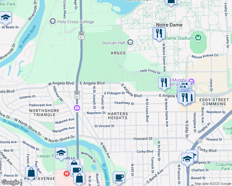 map of restaurants, bars, coffee shops, grocery stores, and more near 426 East Pokagon Street in South Bend