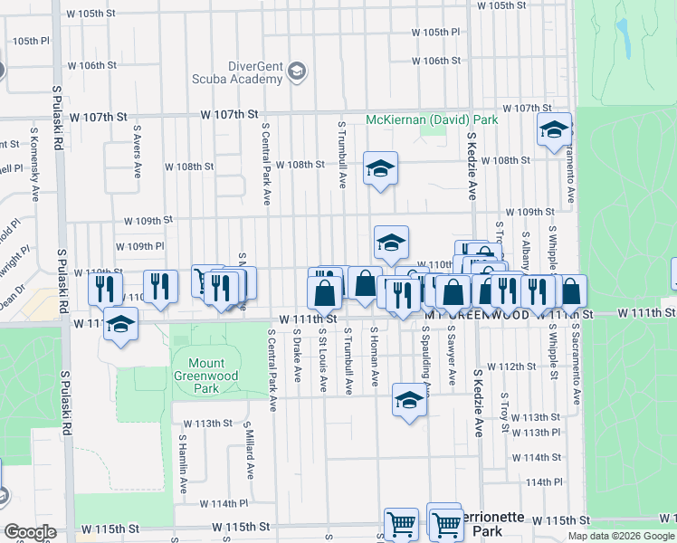 map of restaurants, bars, coffee shops, grocery stores, and more near 11025 South Saint Louis Avenue in Chicago