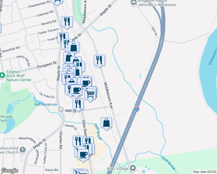 map of restaurants, bars, coffee shops, grocery stores, and more near 341 Middletown Avenue in Wethersfield