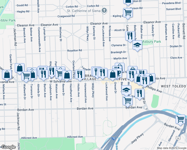 map of restaurants, bars, coffee shops, grocery stores, and more near 4015 Eastway Street in Toledo